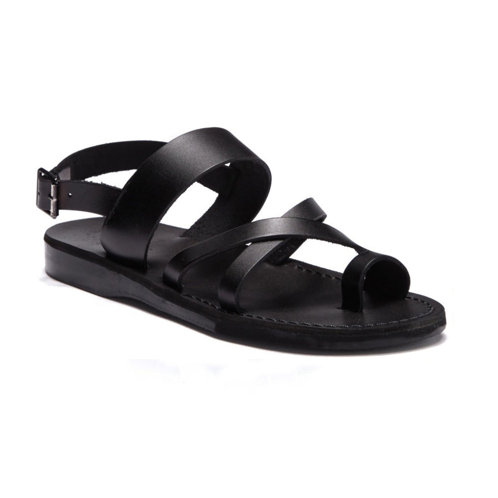 Jerusalem Amos Flat Sandals Ankle Strap Toe Loop‎ Adjustable Leather Black 13 46